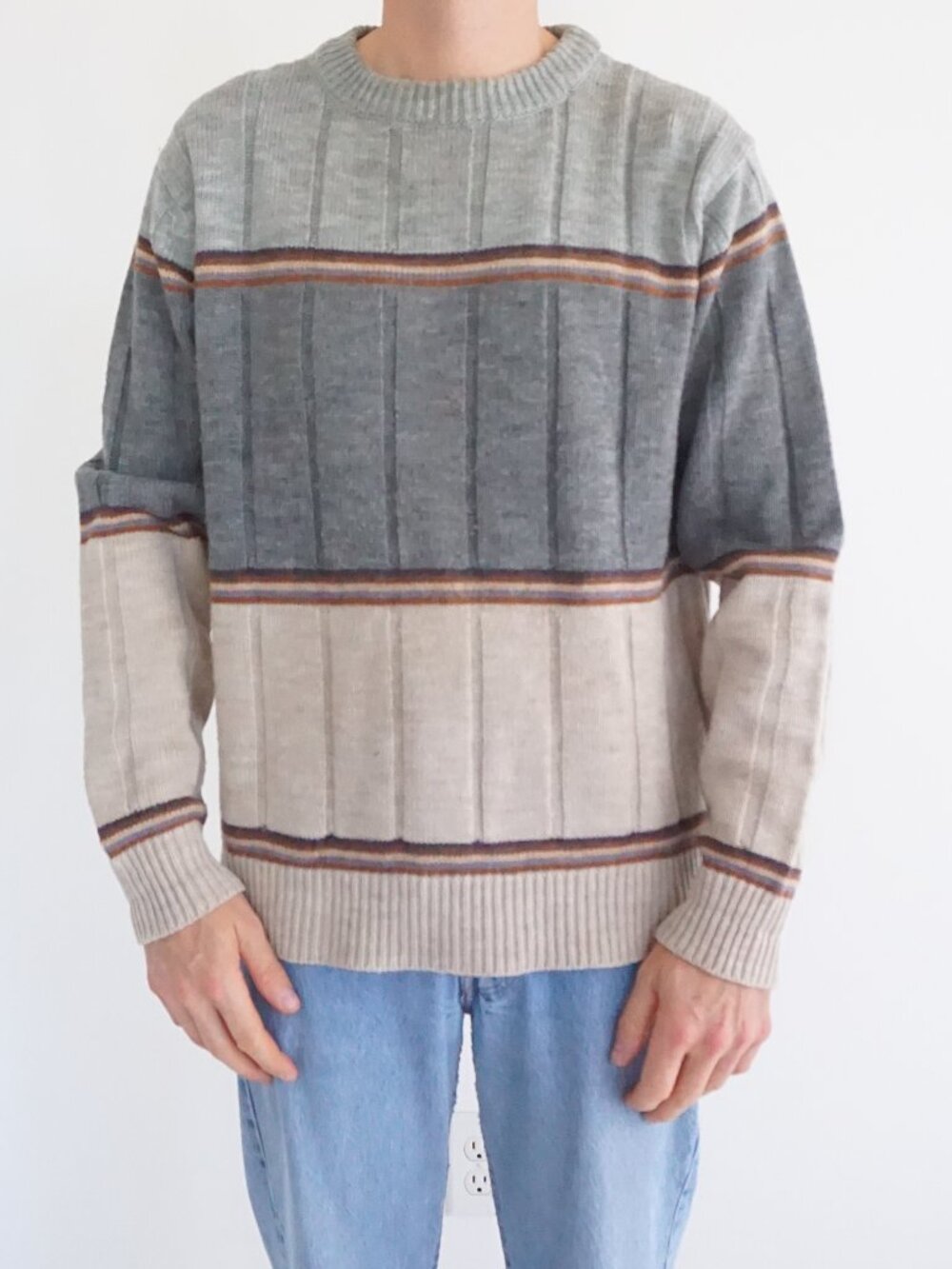Vintage Indian Brand Sportswear Grey Beige Striped Colorblock Knitted Sweater XL